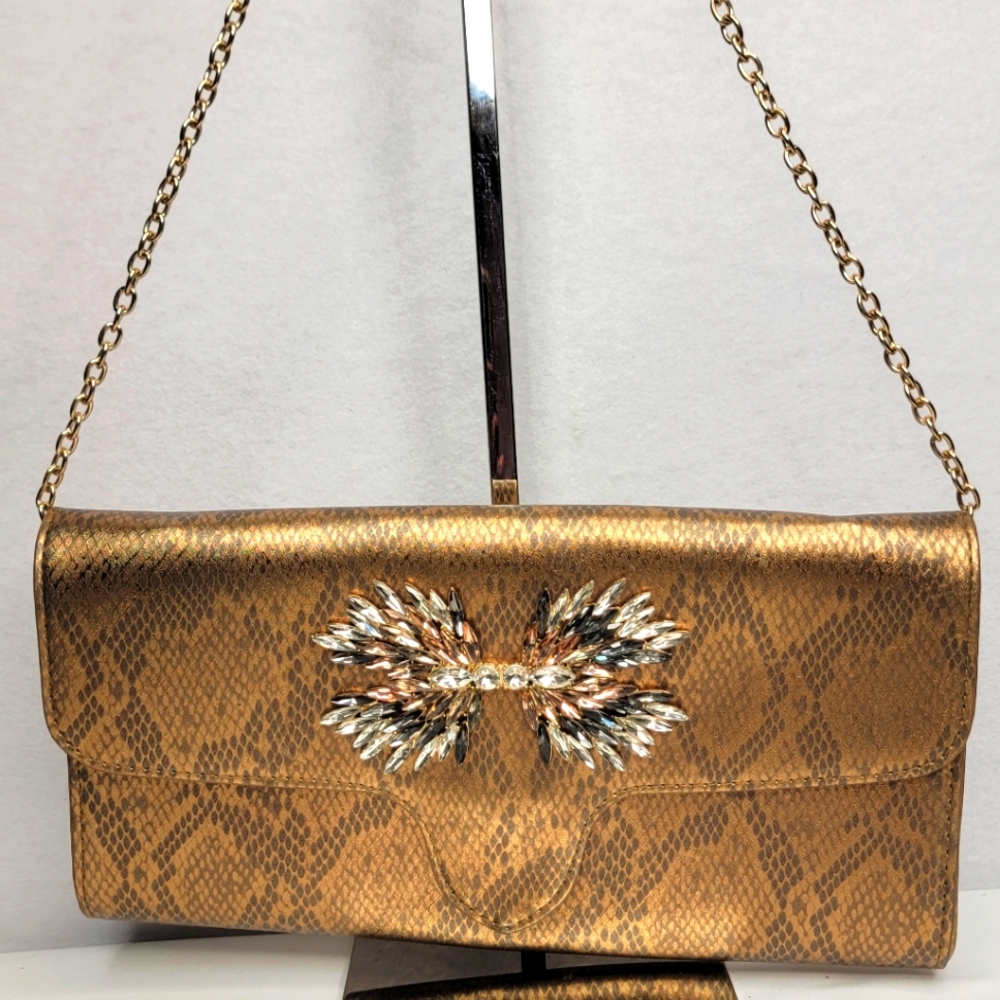Gianni Bini Gold Metallic Snakeskin Clutch with Crystal Accent